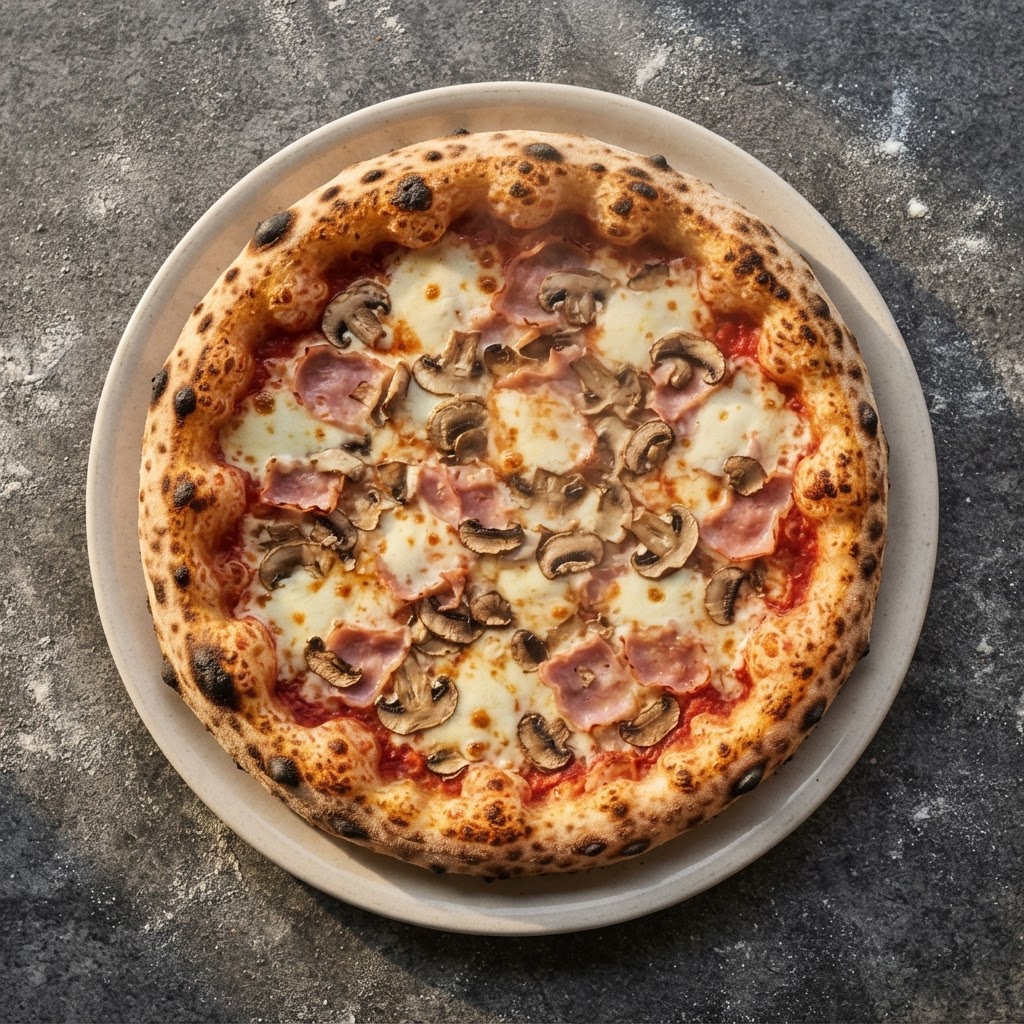 Pizza Prosciutto e funghi, vista dall’alto