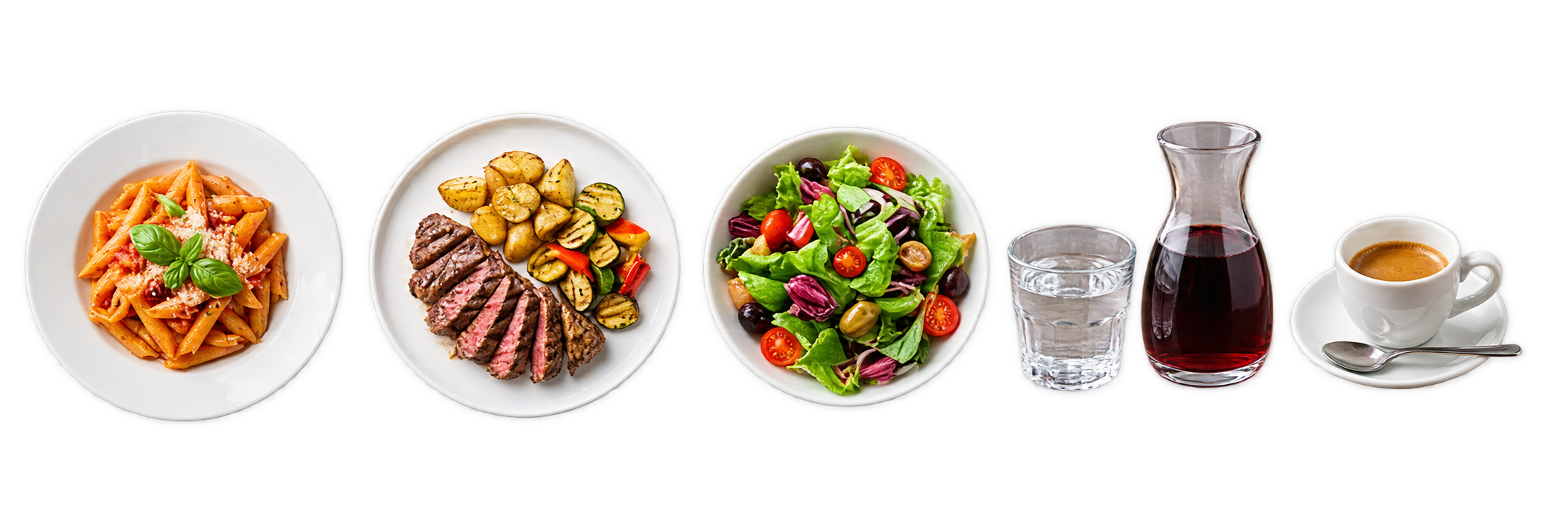 Un primo, un secondo con contorno, insalata, acqua, vino e caffè